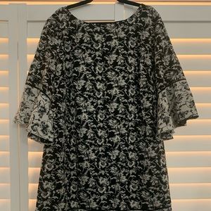 Black and White Floral Bell Sleeve Dress